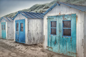 Netherlands, Holland, on the West Frisian island of Texel, North Holland, huts on the beach Netherlands, Holland, on the West Frisian island of Texel, North Holland, huts on the beach
